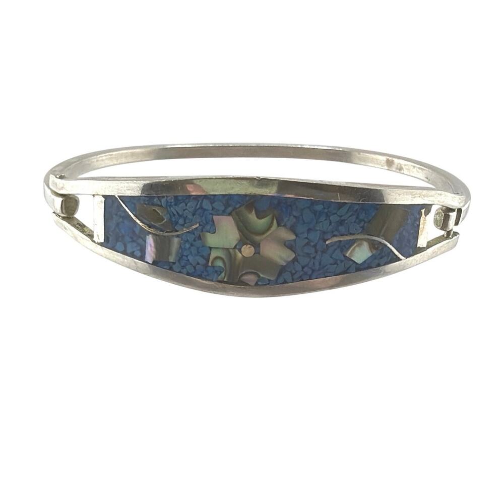Vintage Alpaca Mexican Blue Mosaic Abalone Floral Bracelet